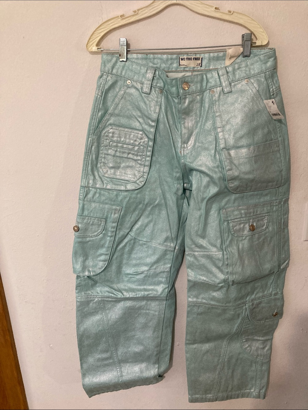We The Free Lap of Luxury Teal Barrel Cargo Jeans NWT Size 28